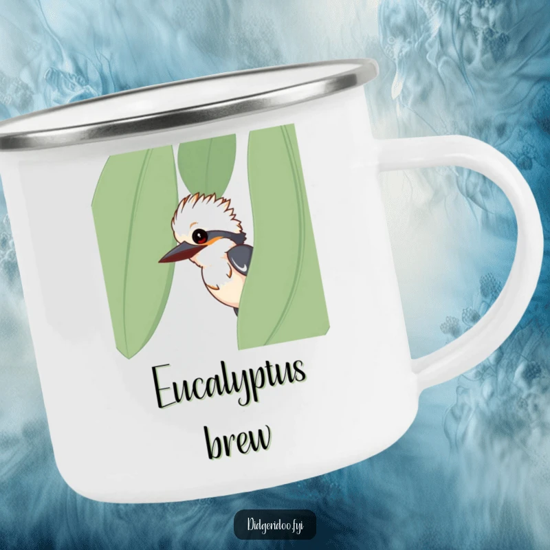 Funny kookaburra camping mug, curious bird peeking from eucalyptus leaf, durable outdoor mug, humorous nature gift.