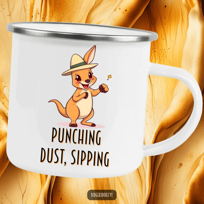 Funny camping mug featuring a delighted kangaroo with an Akubra hat, playfully boxing, durable and humorous for outdoor enjoyment.