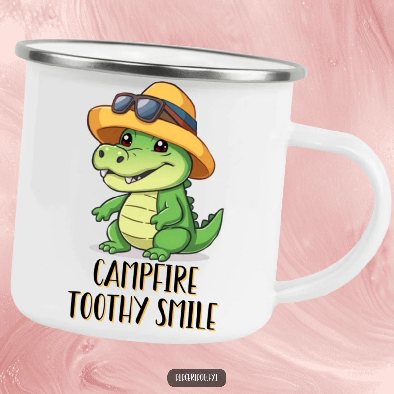 Funny crocodile camping mug, wearing a cool hat, giving a friendly toothy grin, durable and humorous for outdoor use.