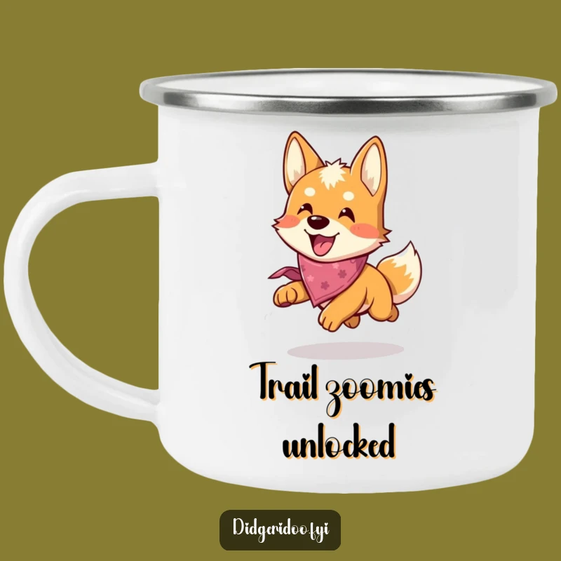 Funny Dingo Chase Camping Mug: Enjoy Your Brew with this Playful Pup's Adventure
