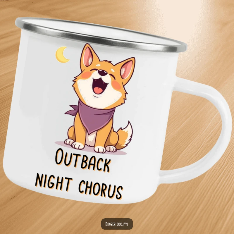 Funny Dingo Camping Mug: A delighted dingo in a bandana howls at a tiny moon, a rugged and humorous mug for the outdoors.