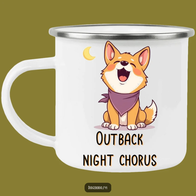 Funny Dingo Howling Camping Mug: Enamel mug with a delighted dingo bandana howling at moon, an adventurous funny gift.