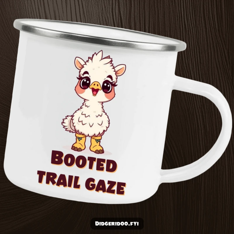 Funny emu boots camping mug featuring a surprised cartoon emu wearing tiny boots looking up, perfect for outdoor adventures and humor.