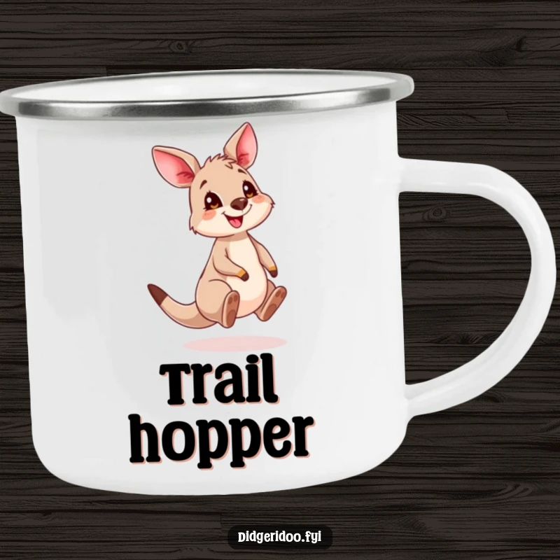 Funny Kangaroo Cub Camping Mug showing a cute, bouncing joey with a grin, ready for campfire mornings.