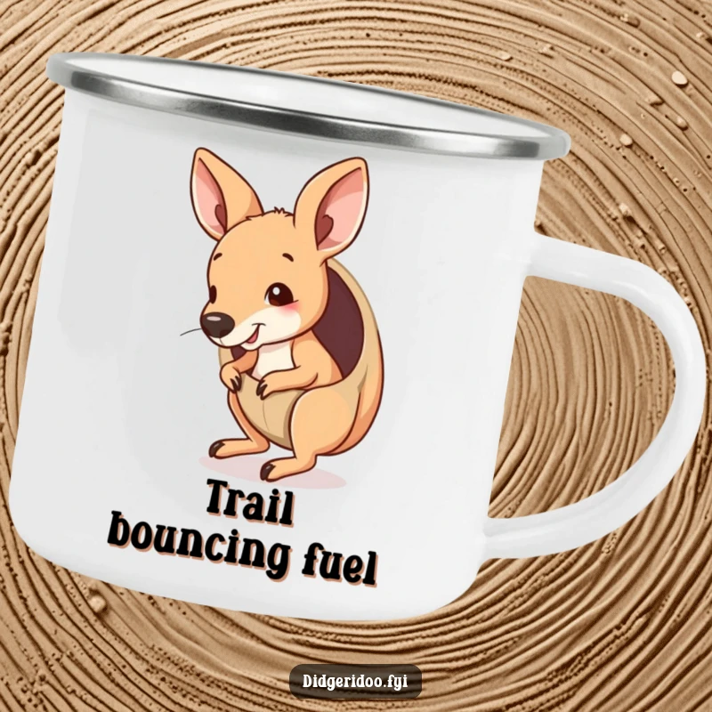Funny Kangaroo Joey Camping Mug peeking from a pouch, playfully bouncing, great for outdoor drinks and humorous Outback vibes.