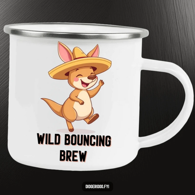 Funny Kangaroo Sombrero Camping Mug: A kangaroo in a sombrero joyfully bounces, perfect for sipping coffee on outdoor adventures.
