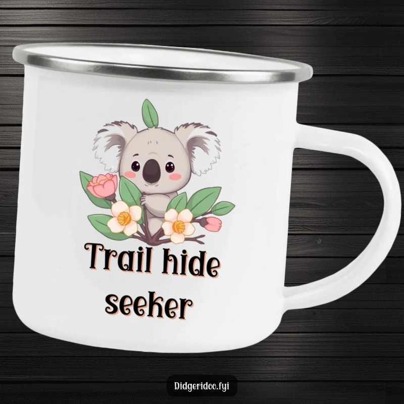 Funny Camping Mug: A curious koala peeks from behind a stylized eucalyptus bloom, a sturdy and amusing outdoor mug.