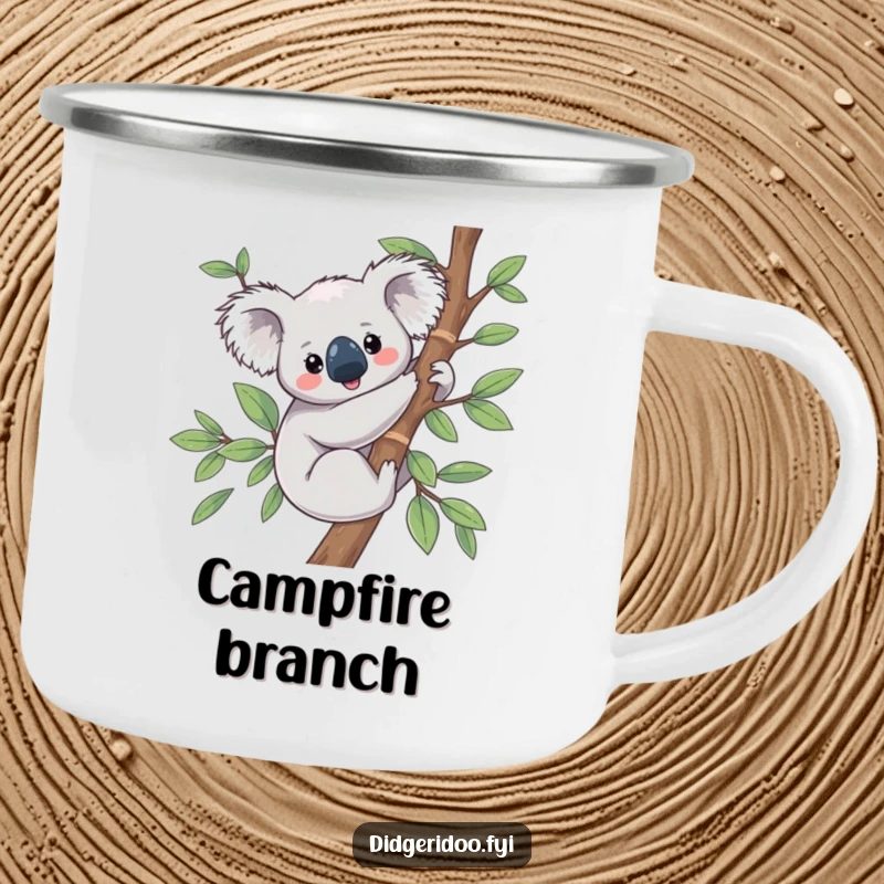 Funny Koala Camping Mug showing a content koala on eucalyptus, ready for peaceful outdoor mornings.