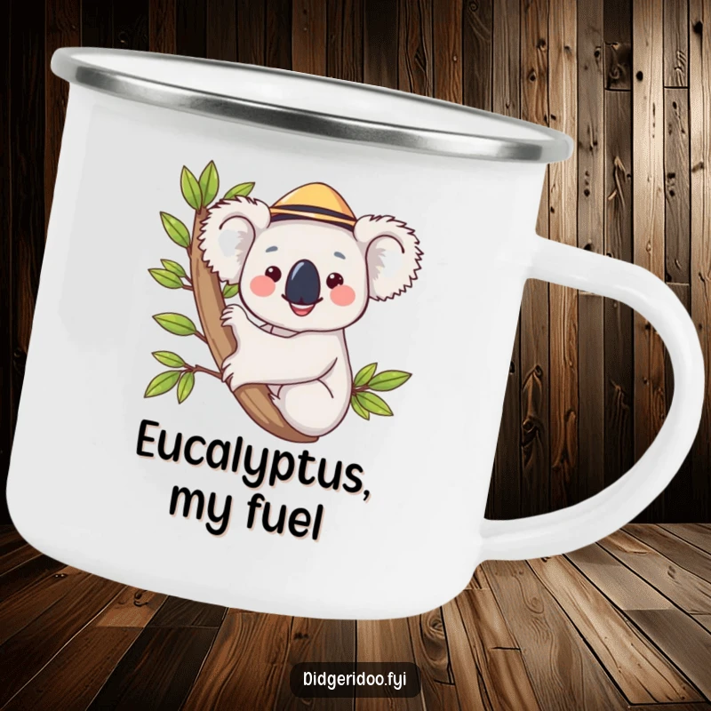 Funny koala in a hat, hugging a eucalyptus branch on a camping mug, ideal for outdoor fun and a humorous drinking experience.