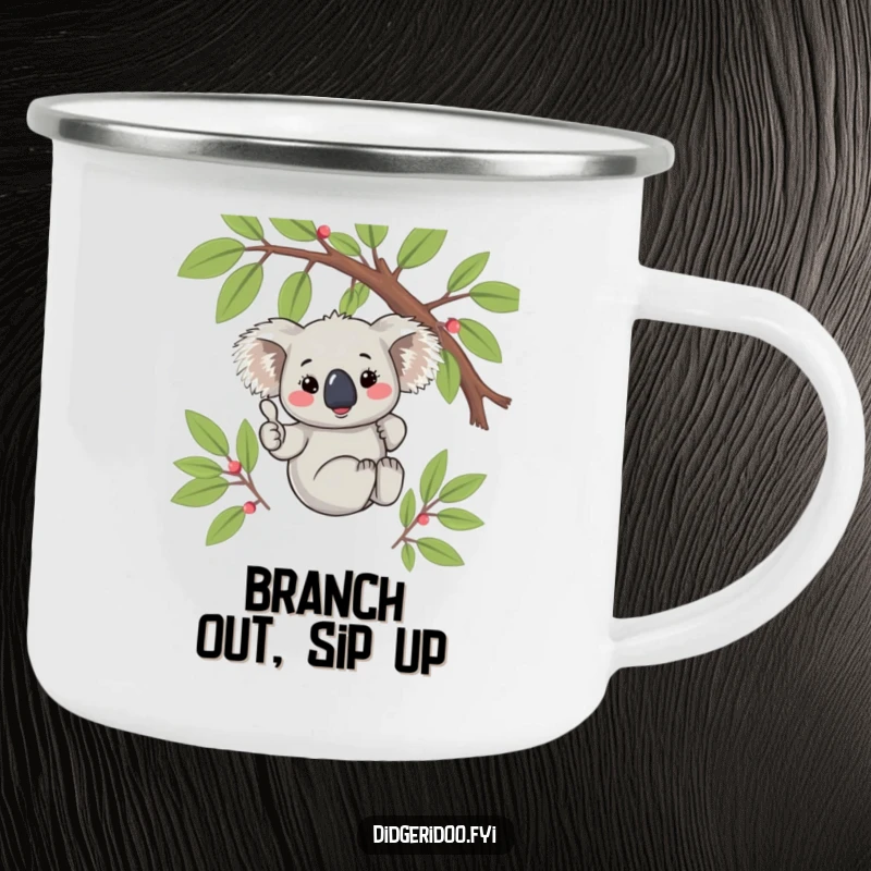 Funny Koala Thumbs Up Camping Mug: A blushing koala gives a thumbs up from a branch, perfect for enjoying drinks outdoors.