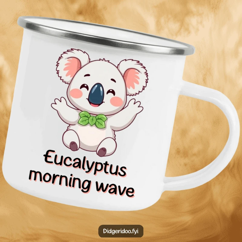 Funny happy koala wearing a eucalyptus leaf bow tie, doing a cheerful wave, a durable and humorous camping mug for outdoor fun.