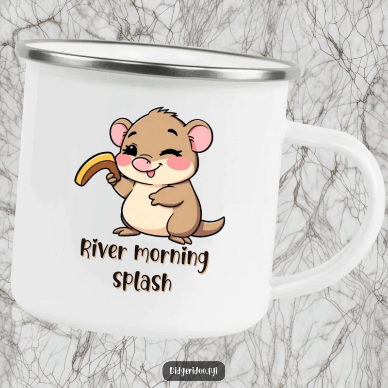 Funny platypus camping mug, winking and holding a small boomerang, designed for outdoor enjoyment and bringing quirky Australian humor.