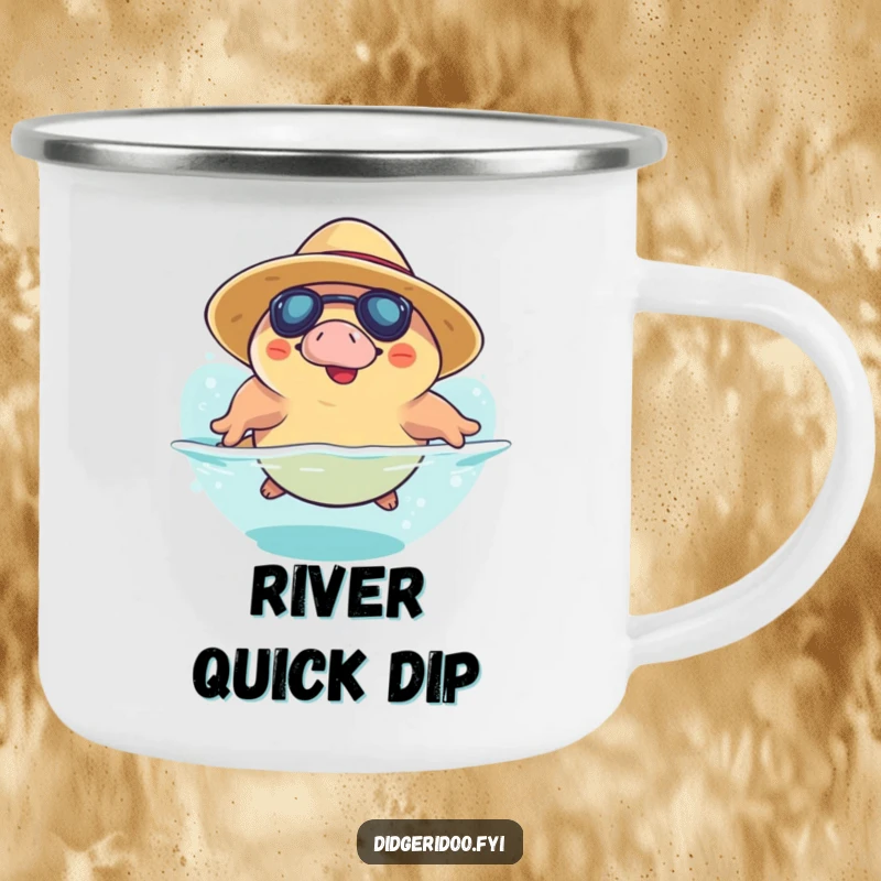 Funny Platypus Camping Mug: a platypus in a sun hat dives playfully, perfect for outdoor beverages with a splash of humor.