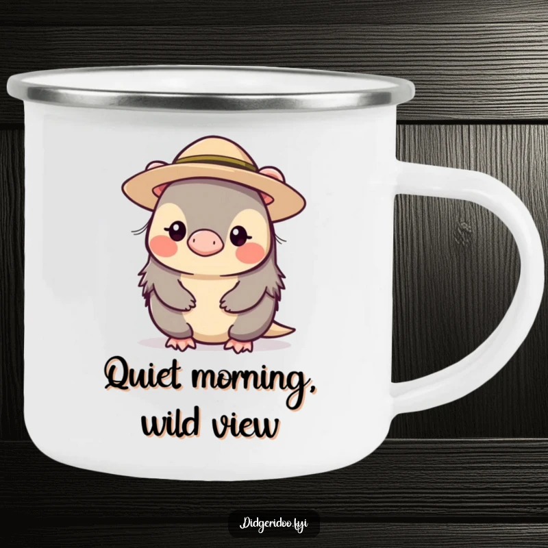 Funny, shy platypus character wearing a small, wide-brimmed hat, ready for gentle adventures on a durable camping mug.
