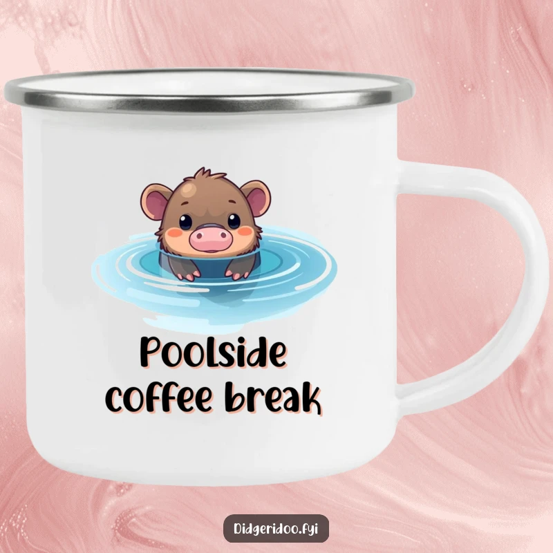 Funny Platypus Pool Camping Mug: A curious platypus peeks from a shimmering blue pool, perfect for enjoying drinks outdoors.