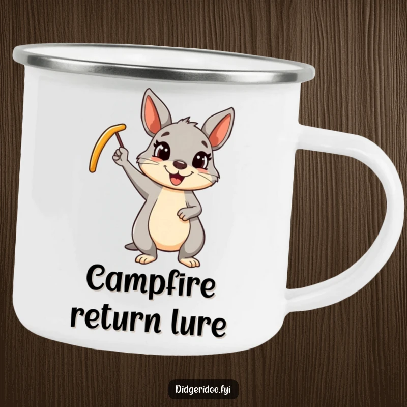 Funny wallaby boomerang camping mug featuring a cheerful cartoon wallaby waving a boomerang, perfect for outdoor humor.