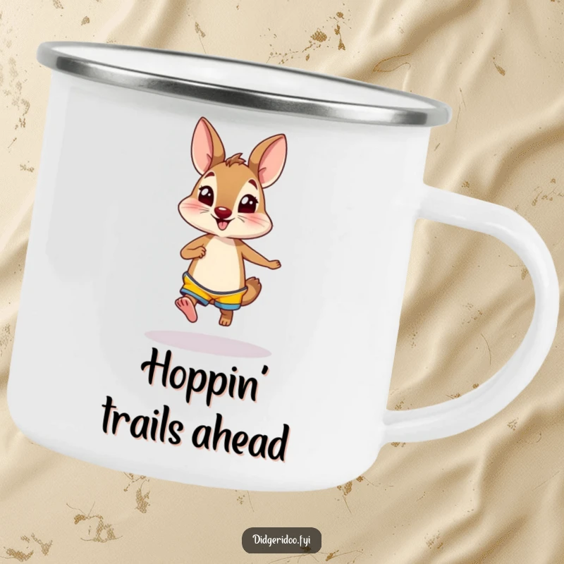 Funny wallaby wearing bright shorts, hopping excitedly on a camping mug, ideal for outdoor adventures and a dose of playful humor.