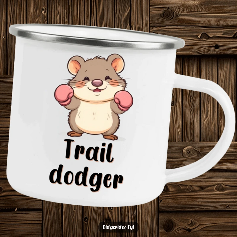 Funny wombat boxer camping mug featuring a cartoon wombat with boxing gloves dodging, perfect for outdoor adventures and humor.