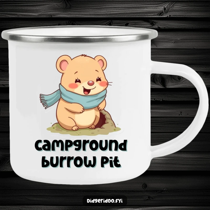 Funny wombat camping mug with a scarf, showing a wombat digging a hole, perfect for rustic charm and humor.