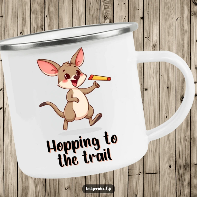 Funny camping mug with a wallaby energetically hopping, boomerang in paw, ready for outdoor adventures and laughs.