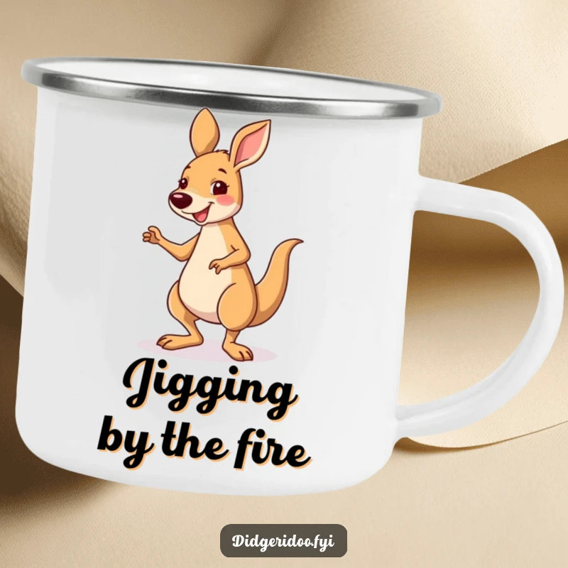 Funny smiling kangaroo character performing a silly little jig, on a camping mug, perfect for outdoor dance fun.
