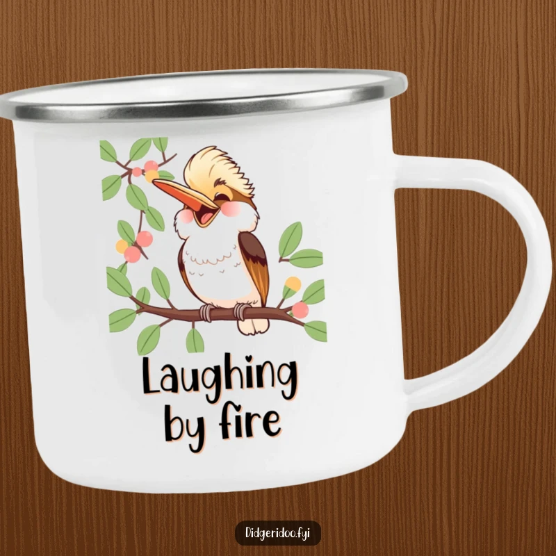 Funny Kookaburra Camping Mug: a jubilant kookaburra laughs heartily from a eucalyptus branch, perfect for outdoor beverages with Aussie humor.