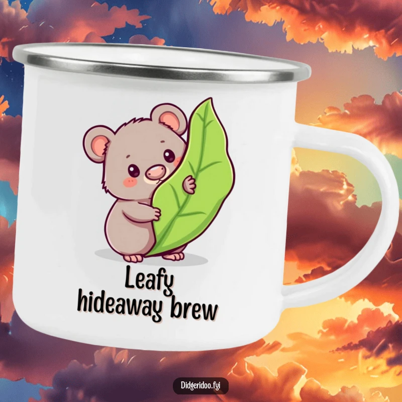Funny wombat camping mug showing a curious character peeking from behind a bouncy gum leaf, ideal for outdoor fun and charm.