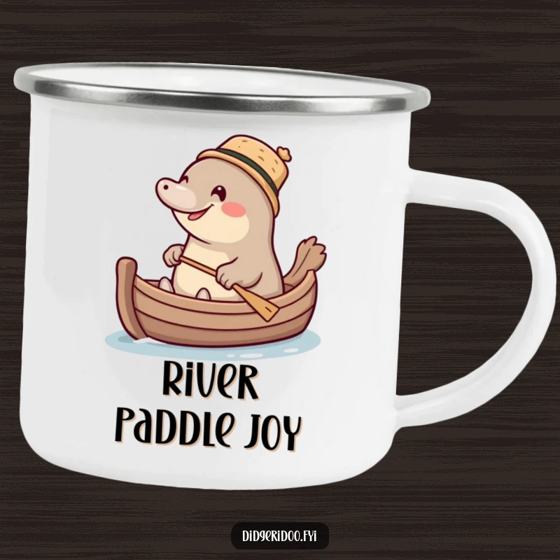 Funny giggling platypus wearing a tiny cork hat, paddling a miniature boat, a durable and humorous camping mug for outdoor fun.