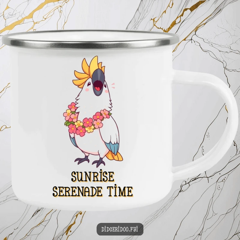 Funny Cockatoo Camping Mug: A proud cockatoo with a lei sings joyfully, ready for outdoor adventures and tropical vibes.