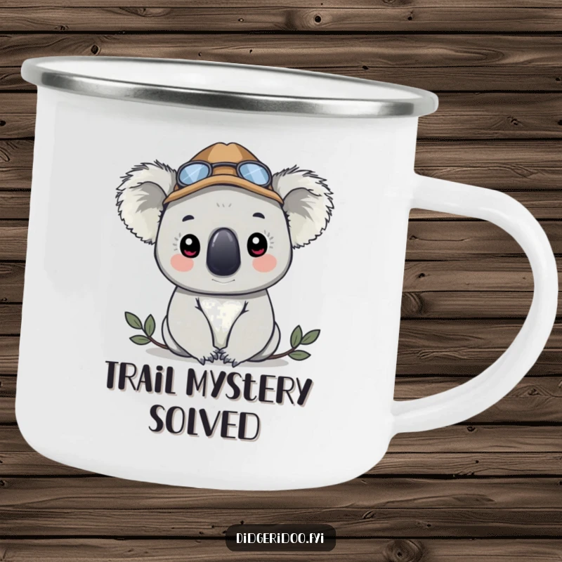 Funny koala in a detective hat, peeking out, depicted on a durable camping mug, perfect for outdoor adventures and mystery solving.