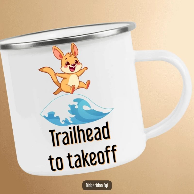 Funny enamel camping mug featuring a cheerful wallaby leaping over a stylized wave, ready for any outdoor adventure with a humorous twist.