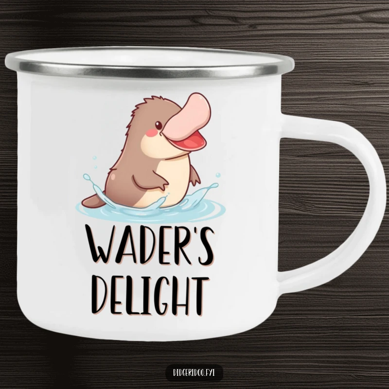 Funny Platypus Camping Mug showing a jovial platypus splashing in stylized water, ready for outdoor fun.