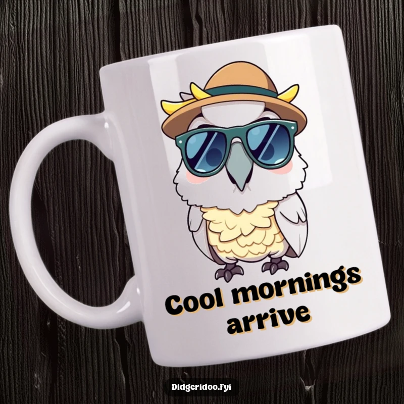 Funny cheerful cockatoo wearing sunglasses and an Akubra hat on a mug, radiating cool Aussie vibes.