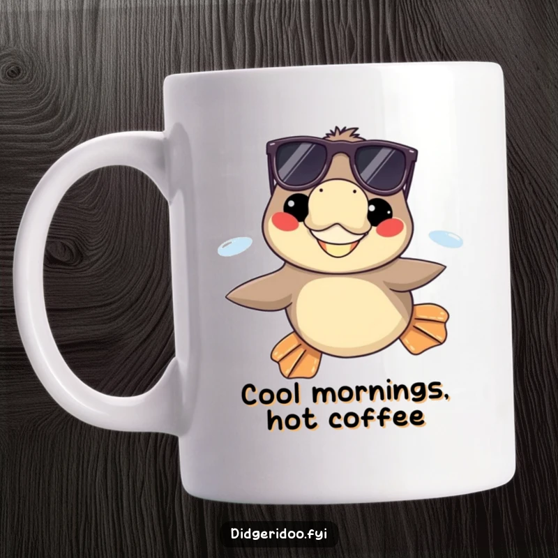 Funny platypus wearing sunglasses, grinning while swimming with flippers extended, depicted on a mug for a cool, humorous vibe.