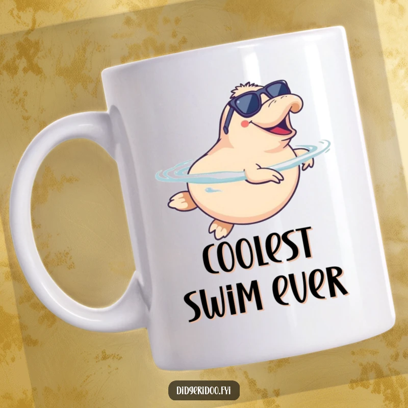 Funny Platypus Mug wearing sunglasses, doing a happy synchronized swim, radiating cool and aquatic humor.