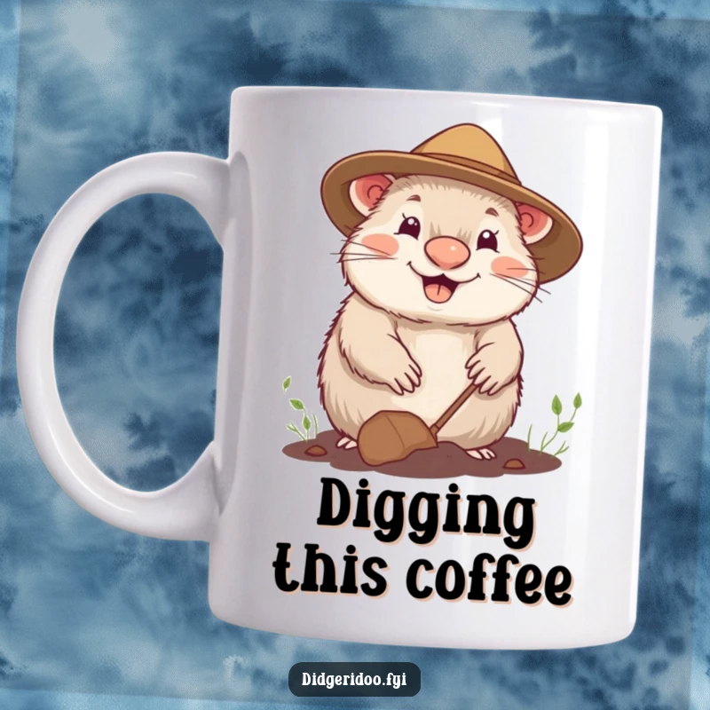 Funny mug depicting a cheerful wombat wearing a gardening hat, joyfully digging in the dirt, radiating happiness.