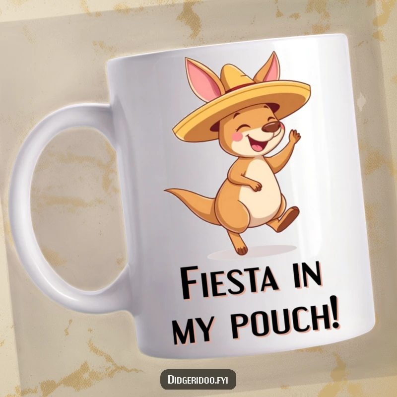 Funny Kangaroo Sombrero Mug: A happy kangaroo in a sombrero happily bouncing, embodying pure joy and fun.