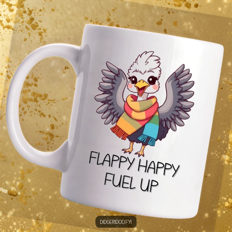 Funny Emu Mug: Emu in a colorful scarf flapping wings joyfully, expressing delight and excitement, perfect for a gift.
