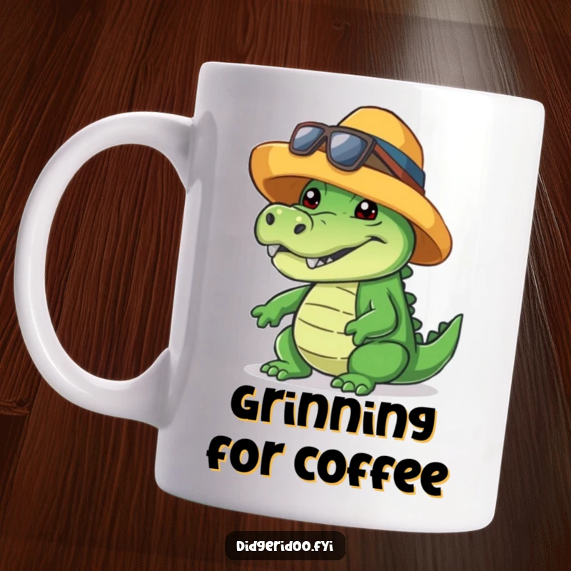 Funny crocodile mug, wearing a cool hat, giving a friendly toothy grin, effortlessly cool reptile.