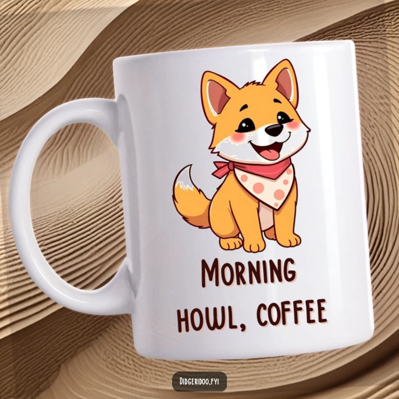 Funny dingo mug featuring a delighted dingo wearing a bandana and wagging its tail, radiating pure canine happiness.