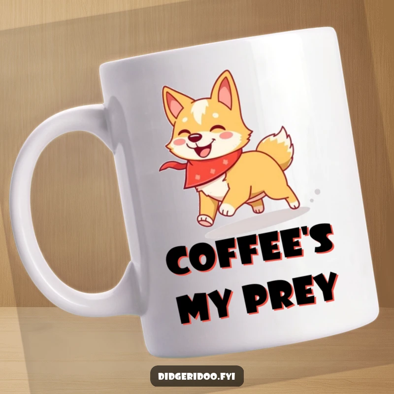 Funny dingo mug with a bandana, playfully chasing a shadow, capturing pure canine fun and energy.