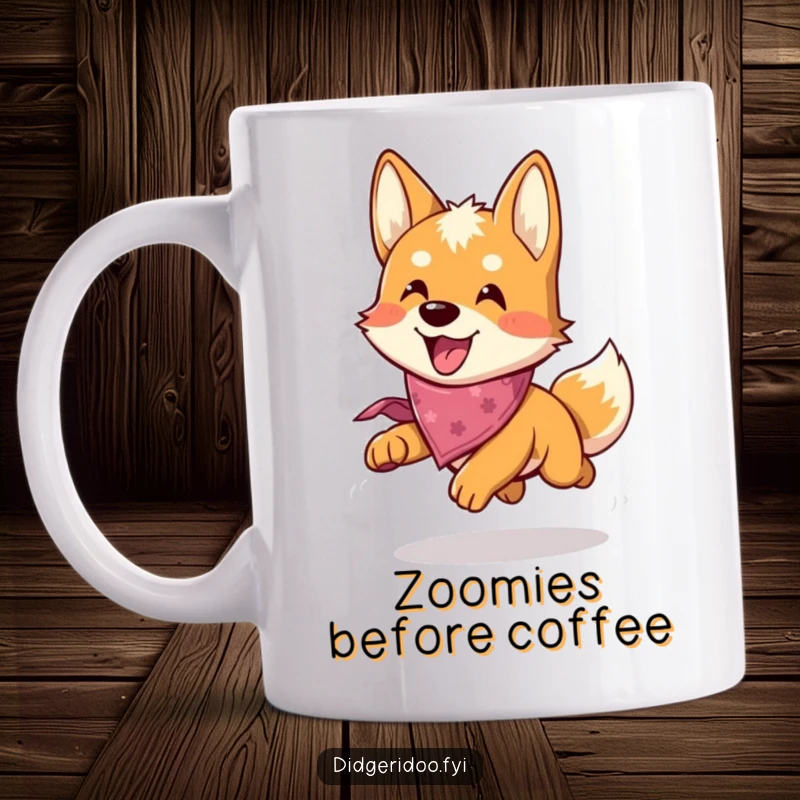 Funny Dingo Mug: A happy dingo in a bandana joyfully chases something, embodying playful energy and pure fun.