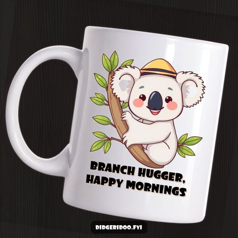 Funny koala mug with a hat, happily hugging a eucalyptus branch, conveying pure joy and relaxation for a funny gift.