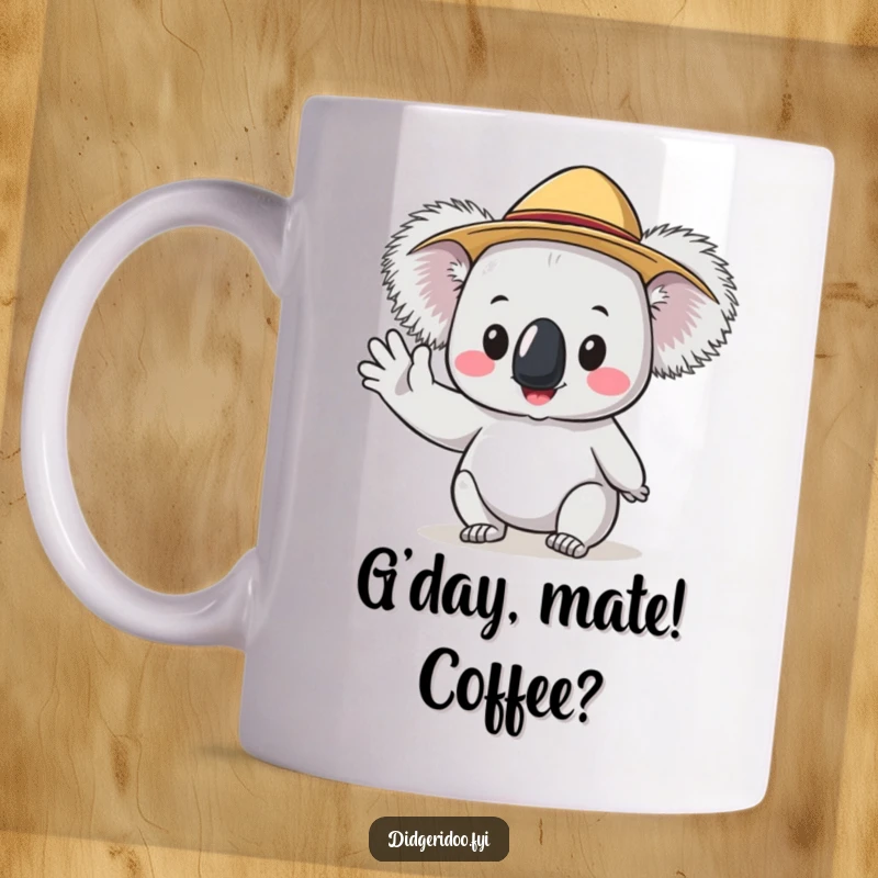 Funny Koala Mug wearing a tiny Akubra hat, cheerfully waving hello with a friendly and cute Aussie vibe.