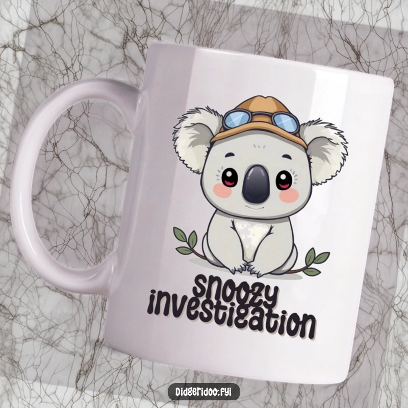 Funny koala wearing a detective hat, peeking inquisitively, depicted on a coffee mug, ready to solve any mystery.