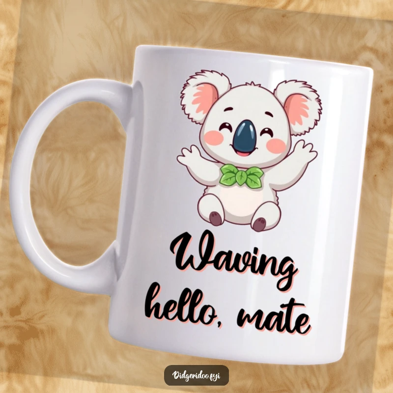 Funny happy koala wearing a eucalyptus leaf bow tie, doing a cheerful wave, a delightful and humorous mug for animal enthusiasts.