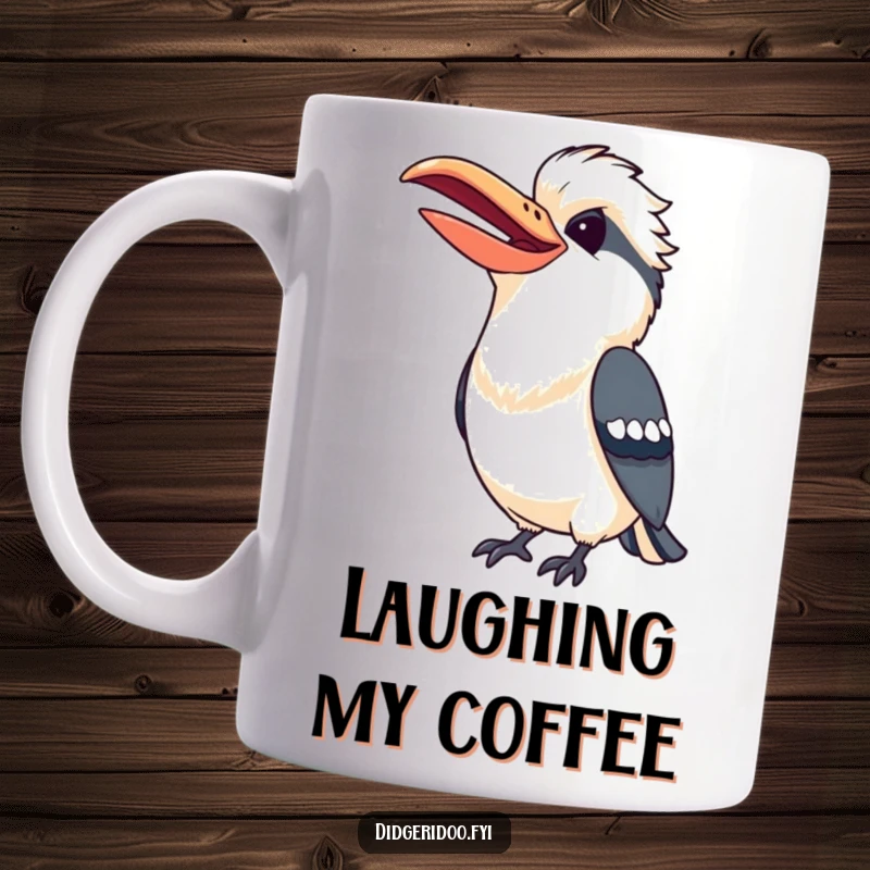 Funny Kookaburra Laugh Mug featuring a cheerful bird with a wide beak caught mid-laugh, spreading happiness.