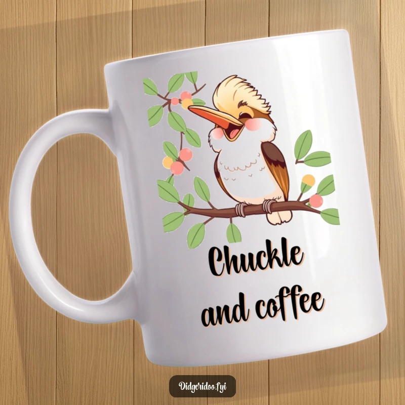 Funny Kookaburra Mug: a jubilant kookaburra laughs heartily from a eucalyptus branch, spreading contagious joy and Aussie humor.