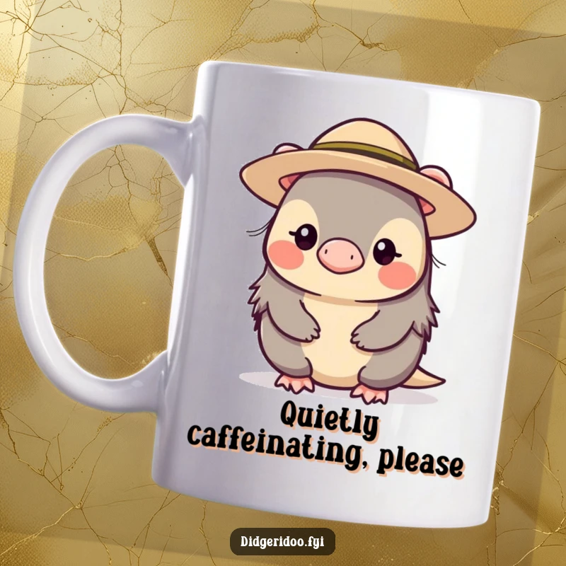 Funny shy platypus character wearing a small, wide-brimmed hat, looking demure on a mug, perfect for a quiet chuckle.