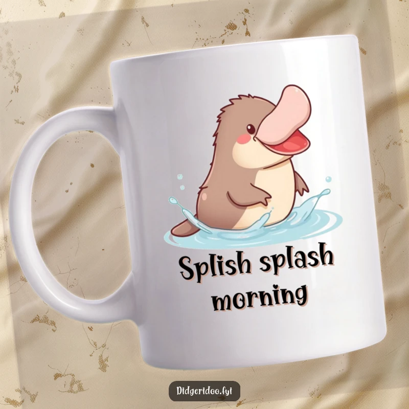 Funny Platypus Mug showing a jovial platypus with its bill up, happily splashing in stylized water.